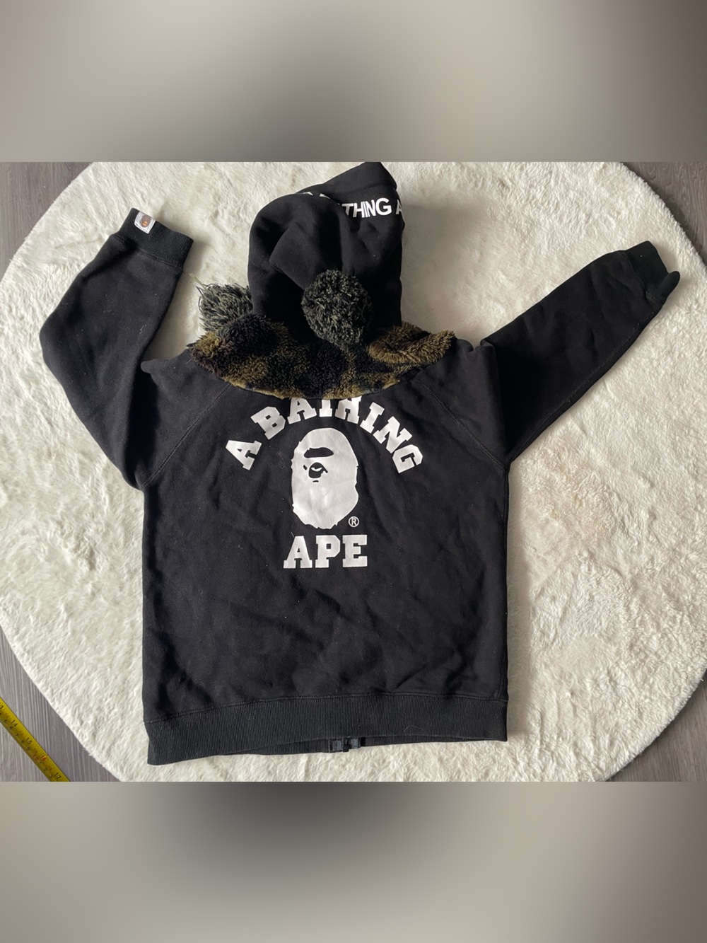 Bape Kids Black Hoodie with Camouflage Fur Accents